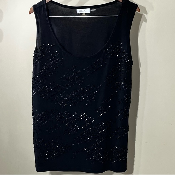 Calvin Klein Tops - Calvin Klein black semi sheer black beaded front flowy tank sleeveless blouse XL